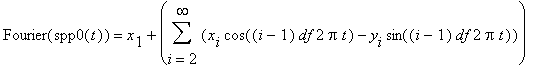 Fourier(spp0(t)) = x[1]+sum(x[i]*cos((i-1)*df*2*Pi*t)-y[i]*sin((i-1)*df*2*Pi*t),i = 2 .. infinity)