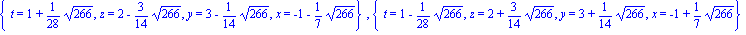 {t = 1+1/28*266^(1/2), z = 2-3/14*266^(1/2), y = 3-1/14*266^(1/2), x = -1-1/7*266^(1/2)}, {t = 1-1/28*266^(1/2), z = 2+3/14*266^(1/2), y = 3+1/14*266^(1/2), x = -1+1/7*266^(1/2)}