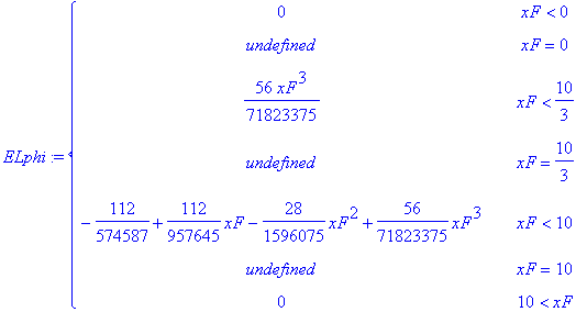 ELphi := PIECEWISE([0, xF < 0],[undefined, xF = 0],[56/71823375*xF^3, xF < 10/3],[undefined, xF = 10/3],[-112/574587+112/957645*xF-28/1596075*xF^2+56/71823375*xF^3, xF < 10],[undefined, xF = 10],[0, 10...