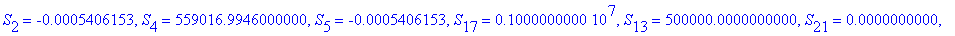 {S[8] = -.5406152952e-3, S[1] = 559016.9946, S[26] = -750000.0000, S[3] = 559016.9946, S[24] = -750000.0000, S[23] = -750000.0000, S[9] = 559016.9946, S[6] = 559016.9946, S[22] = -750000.0000, S[7] = 5...