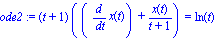 ode2 := (t+1)*((diff(x(t), t))+x(t)/(t+1)) = ln(t)
