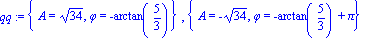 qq := {A = 34^(1/2), phi = -arctan(5/3)}, {A = -34^(1/2), phi = -arctan(5/3)+Pi}