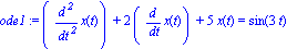 ode1 := (diff(x(t), `$`(t, 2)))+2*(diff(x(t), t))+5*x(t) = sin(3*t)