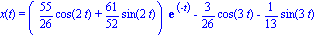 x(t) = (55/26*cos(2*t)+61/52*sin(2*t))*exp(-t)-3/26*cos(3*t)-1/13*sin(3*t)