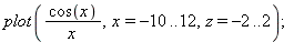 plot(cos(x)/x, x = -10 .. 12, z = -2 .. 2); 1