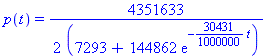 p(t) = 4351633/2/(7293+144862*exp(-30431/1000000*t))