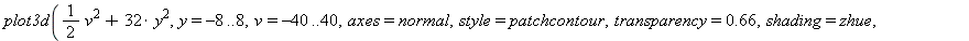 plot3d(1/2*v^2+32*y^2, y = -8 .. 8, v = -40 .. 40, axes = normal, style = patchcontour, transparency = .66, shading = zhue, contours = 15, orientation = ([63, 47]))