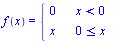 f(x) = piecewise(`<`(x, 0), 0, `<=`(0, x), x)