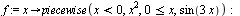 `:=`(f, proc (x) options operator, arrow; piecewise(`<`(x, 0), `*`(`^`(x, 2)), `<=`(0, x), sin(`+`(`*`(3, `*`(x))))) end proc); -1