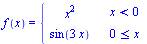 f(x) = piecewise(`<`(x, 0), `*`(`^`(x, 2)), `<=`(0, x), sin(`+`(`*`(3, `*`(x)))))