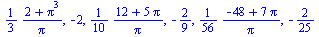 `+`(`/`(`*`(`/`(1, 3), `*`(`+`(2, `*`(`^`(Pi, 3))))), `*`(Pi))), -2, `+`(`/`(`*`(`/`(1, 10), `*`(`+`(12, `*`(5, `*`(Pi))))), `*`(Pi))), -`/`(2, 9), `+`(`/`(`*`(`/`(1, 56), `*`(`+`(`-`(48), `*`(7, `*`(...