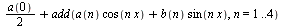 `+`(`*`(`/`(1, 2), `*`(a(0))), add(`+`(`*`(a(n), `*`(cos(`*`(n, `*`(x))))), `*`(b(n), `*`(sin(`*`(n, `*`(x)))))), n = 1 .. 4))