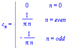c[n] = piecewise(n = 0, 0, n = even, `/`(`*`(I), `*`(Pi, `*`(n))), n = odd, `+`(`-`(`/`(`*`(`+`(I)), `*`(Pi, `*`(n))))))