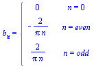 b[n] = piecewise(n = 0, 0, n = even, `+`(`-`(`/`(`*`(2), `*`(Pi, `*`(n))))), n = odd, `+`(`/`(`*`(2), `*`(Pi, `*`(n)))))