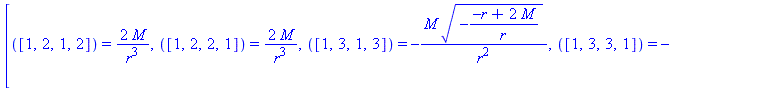 [([1, 2, 1, 2]) = 2*M/r^3, ([1, 2, 2, 1]) = 2*M/r^3, ([1, 3, 1, 3]) = -M*(-(-r+2*M)/r)^(1/2)/r^2, ([1, 3, 3, 1]) = -M*(-(-r+2*M)/r)^(1/2)/r^2, ([1, 4, 1, 4]) = -M*(-(-r+2*M)/r)^(1/2)*sin(theta)/r^2, (...