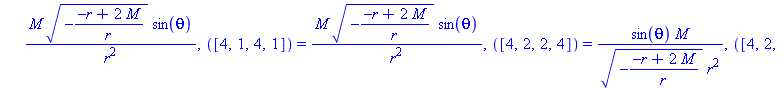 [([1, 2, 1, 2]) = 2*M/r^3, ([1, 2, 2, 1]) = 2*M/r^3, ([1, 3, 1, 3]) = -M*(-(-r+2*M)/r)^(1/2)/r^2, ([1, 3, 3, 1]) = -M*(-(-r+2*M)/r)^(1/2)/r^2, ([1, 4, 1, 4]) = -M*(-(-r+2*M)/r)^(1/2)*sin(theta)/r^2, (...