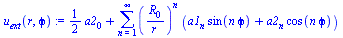 `+`(`*`(`/`(1, 2), `*`(a2[0])), sum(`*`(`^`(`/`(`*`(R[0]), `*`(r)), n), `*`(`+`(`*`(a1[n], `*`(sin(`*`(n, `*`(`ϕ`))))), `*`(a2[n], `*`(cos(`*`(n, `*`(`ϕ`)))))))), n = 1 .. infinity))