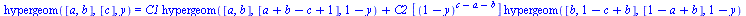 hypergeom([a, b], [c], y) = `+`(`*`(C1, `*`(hypergeom([a, b], [`+`(a, b, `-`(c), 1)], `+`(1, `-`(y))))), `*`(C2, `*`([`^`(`+`(1, `-`(y)), `+`(c, `-`(a), `-`(b)))], `*`(hypergeom([b, `+`(1, `-`(c), b)]...