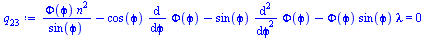 Typesetting:-mprintslash([`:=`(q[23], `+`(`/`(`*`(Phi(`&varphi;`), `*`(`^`(n, 2))), `*`(sin(`&varphi;`))), `-`(`*`(cos(`&varphi;`), `*`(diff(Phi(`&varphi;`), `&varphi;`)))), `-`(`*`(sin(`&varphi;`), `...
