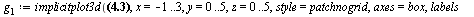 `:=`(g[1], implicitplot3d(`+`(x, 10, `*`(8, `*`(y)), `-`(`*`(9, `*`(z)))) = 0, x = VectorCalculus:-`-`(1) .. 3, y = 0 .. 5, z = 0 .. 5, style = patchnogrid, axes = box, labels = [x, y, z], orientation...