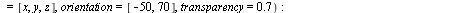 `:=`(g[1], implicitplot3d(`+`(x, 10, `*`(8, `*`(y)), `-`(`*`(9, `*`(z)))) = 0, x = VectorCalculus:-`-`(1) .. 3, y = 0 .. 5, z = 0 .. 5, style = patchnogrid, axes = box, labels = [x, y, z], orientation...