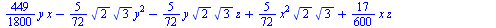 `+`(`-`(`*`(2, `*`(`+`(`-`(`*`(`/`(5, 144), `*`(x, `*`(`^`(2, `/`(1, 2)), `*`(`^`(3, `/`(1, 2))))))), `-`(`*`(`/`(17, 1200), `*`(y))), `*`(`/`(367, 1200), `*`(z))), `*`(y))))), `+`(`*`(2, `*`(`+`(`-`(...