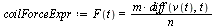`:=`(coilForceExpr, F(t) = `/`(`*`(m, `*`(diff(v(t), t))), `*`(n)))