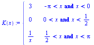 `:=`(K, proc (x) options operator, arrow; piecewise(`and`(`<`(`+`(`-`(Pi)), x), `<`(x, 0)), 3, `and`(`<`(0, x), `<`(x, `/`(1, 2))), 0, `and`(`<`(`/`(1, 2), x), `<`(x, Pi)), `/`(1, `*`(x))) end proc)