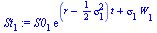 `*`(S0[1], `*`(exp(`+`(`*`(`+`(r, `-`(`*`(`/`(1, 2), `*`(`^`(sigma[1], 2))))), `*`(t)), `*`(sigma[1], `*`(W[1]))))))