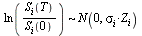 `*`(ln(`/`(`*`(S[i](T)), `*`(S[i](0)))), `*`(`~`, `*`(N(0, `*`(sigma[i], `*`(Z[i]))))))