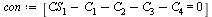 `:=`(con, [`+`(CS[1], `-`(C[1]), `-`(C[2]), `-`(C[3]), `-`(C[4])) = 0])