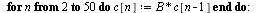 restart; 1; `:=`(B, .9); -1; `:=`(Initial_Cake, 100); -1; `:=`(c[1], `*`(`+`(1, `-`(B)), `*`(Initial_Cake))); -1; for n from 2 to 50 do `:=`(c[n], `*`(B, `*`(c[`+`(n, `-`(1))]))) end do; -1; `:=`(cons...