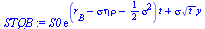 `*`(S0, `*`(exp(`+`(`*`(`+`(r[B], `-`(`*`(sigma, `*`(eta, `*`(rho)))), `-`(`*`(`/`(1, 2), `*`(`^`(sigma, 2))))), `*`(t)), `*`(sigma, `*`(`^`(t, `/`(1, 2)), `*`(y)))))))