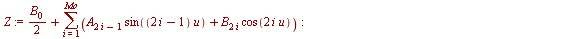 for j from 0 to Mo do `:=`(A[`+`(`*`(2, `*`(j)), `-`(1))], evalf(`/`(`*`(Int(`*`(G, `*`(sin(`*`(`+`(`*`(2, `*`(j)), `-`(1)), `*`(u))))), u = 0 .. `+`(`*`(2, `*`(Pi))))), `*`(Pi)))); `:=`(B[`+`(`*`(2, ...