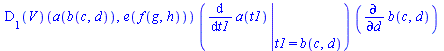 `*`((D[1](V))(a(b(c, d)), e(f(g, h))), `*`(eval(diff(a(t1), t1), {t1 = b(c, d)}), `*`(diff(b(c, d), d))))