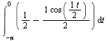 Int(`+`(`/`(1, `*`(2)), `-`(`/`(`*`(cos(`/`(`*`(t), `*`(2)))), `*`(2)))), t = `+`(`-`(Pi)) .. 0)