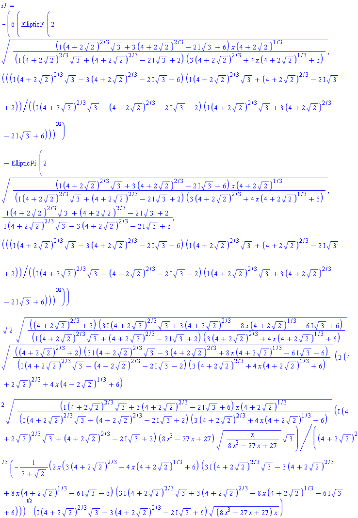 -6*(EllipticF(2*((I*(4+2*2^(1/2))^(2/3)*3^(1/2)+3*(4+2*2^(1/2))^(2/3)-(2*I)*3^(1/2)+6)*x*(4+2*2^(1/2))^(1/3)/((I*(4+2*2^(1/2))^(2/3)*3^(1/2)+(4+2*2^(1/2))^(2/3)-(2*I)*3^(1/2)+2)*(3*(4+2*2^(1/2))^(2/3)+4*x*(4+2*2^(1/2))^(1/3)+6)))^(1/2), ((I*(4+2*2^(1/2))^(2/3)*3^(1/2)-3*(4+2*2^(1/2))^(2/3)-(2*I)*3^(1/2)-6)*(I*(4+2*2^(1/2))^(2/3)*3^(1/2)+(4+2*2^(1/2))^(2/3)-(2*I)*3^(1/2)+2)/((I*(4+2*2^(1/2))^(2/3)*3^(1/2)-(4+2*2^(1/2))^(2/3)-(2*I)*3^(1/2)-2)*(I*(4+2*2^(1/2))^(2/3)*3^(1/2)+3*(4+2*2^(1/2))^(2/3)-(2*I)*3^(1/2)+6)))^(1/2))-EllipticPi(2*((I*(4+2*2^(1/2))^(2/3)*3^(1/2)+3*(4+2*2^(1/2))^(2/3)-(2*I)*3^(1/2)+6)*x*(4+2*2^(1/2))^(1/3)/((I*(4+2*2^(1/2))^(2/3)*3^(1/2)+(4+2*2^(1/2))^(2/3)-(2*I)*3^(1/2)+2)*(3*(4+2*2^(1/2))^(2/3)+4*x*(4+2*2^(1/2))^(1/3)+6)))^(1/2), (I*(4+2*2^(1/2))^(2/3)*3^(1/2)+(4+2*2^(1/2))^(2/3)-(2*I)*3^(1/2)+2)/(I*(4+2*2^(1/2))^(2/3)*3^(1/2)+3*(4+2*2^(1/2))^(2/3)-(2*I)*3^(1/2)+6), ((I*(4+2*2^(1/2))^(2/3)*3^(1/2)-3*(4+2*2^(1/2))^(2/3)-(2*I)*3^(1/2)-6)*(I*(4+2*2^(1/2))^(2/3)*3^(1/2)+(4+2*2^(1/2))^(2/3)-(2*I)*3^(1/2)+2)/((I*(4+2*2^(1/2))^(2/3)*3^(1/2)-(4+2*2^(1/2))^(2/3)-(2*I)*3^(1/2)-2)*(I*(4+2*2^(1/2))^(2/3)*3^(1/2)+3*(4+2*2^(1/2))^(2/3)-(2*I)*3^(1/2)+6)))^(1/2)))*2^(1/2)*(((4+2*2^(1/2))^(2/3)+2)*((3*I)*(4+2*2^(1/2))^(2/3)*3^(1/2)+3*(4+2*2^(1/2))^(2/3)-8*x*(4+2*2^(1/2))^(1/3)-(6*I)*3^(1/2)+6)/((I*(4+2*2^(1/2))^(2/3)*3^(1/2)+(4+2*2^(1/2))^(2/3)-(2*I)*3^(1/2)+2)*(3*(4+2*2^(1/2))^(2/3)+4*x*(4+2*2^(1/2))^(1/3)+6)))^(1/2)*(((4+2*2^(1/2))^(2/3)+2)*((3*I)*(4+2*2^(1/2))^(2/3)*3^(1/2)-3*(4+2*2^(1/2))^(2/3)+8*x*(4+2*2^(1/2))^(1/3)-(6*I)*3^(1/2)-6)/((I*(4+2*2^(1/2))^(2/3)*3^(1/2)-(4+2*2^(1/2))^(2/3)-(2*I)*3^(1/2)-2)*(3*(4+2*2^(1/2))^(2/3)+4*x*(4+2*2^(1/2))^(1/3)+6)))^(1/2)*(3*(4+2*2^(1/2))^(2/3)+4*x*(4+2*2^(1/2))^(1/3)+6)^2*((I*(4+2*2^(1/2))^(2/3)*3^(1/2)+3*(4+2*2^(1/2))^(2/3)-(2*I)*3^(1/2)+6)*x*(4+2*2^(1/2))^(1/3)/((I*(4+2*2^(1/2))^(2/3)*3^(1/2)+(4+2*2^(1/2))^(2/3)-(2*I)*3^(1/2)+2)*(3*(4+2*2^(1/2))^(2/3)+4*x*(4+2*2^(1/2))^(1/3)+6)))^(1/2)*(I*(4+2*2^(1/2))^(2/3)*3^(1/2)+(4+2*2^(1/2))^(2/3)-(2*I)*3^(1/2)+2)*(8*x^3-27*x+27)*(x/(8*x^3-27*x+27))^(1/2)*3^(1/2)/((4+2*2^(1/2))^(2/3)*(-2*x*(3*(4+2*2^(1/2))^(2/3)+4*x*(4+2*2^(1/2))^(1/3)+6)*((3*I)*(4+2*2^(1/2))^(2/3)*3^(1/2)-3*(4+2*2^(1/2))^(2/3)+8*x*(4+2*2^(1/2))^(1/3)-(6*I)*3^(1/2)-6)*((3*I)*(4+2*2^(1/2))^(2/3)*3^(1/2)+3*(4+2*2^(1/2))^(2/3)-8*x*(4+2*2^(1/2))^(1/3)-(6*I)*3^(1/2)+6)/(2+2^(1/2)))^(1/2)*(I*(4+2*2^(1/2))^(2/3)*3^(1/2)+3*(4+2*2^(1/2))^(2/3)-(2*I)*3^(1/2)+6)*((8*x^3-27*x+27)*x)^(1/2))