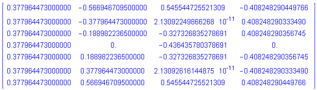 Matrix(7, 4, {(1, 1) = .377964473000000, (1, 2) = -.566946709500000, (1, 3) = .545544725521309, (1, 4) = -.408248290449766, (2, 1) = .377964473000000, (2, 2) = -.377964473000000, (2, 3) = 0.2130922499e-10, (2, 4) = .408248290333490, (3, 1) = .377964473000000, (3, 2) = -.188982236500000, (3, 3) = -.327326835278691, (3, 4) = .408248290356745, (4, 1) = .377964473000000, (4, 2) = 0., (4, 3) = -.436435780378691, (4, 4) = 0., (5, 1) = .377964473000000, (5, 2) = .188982236500000, (5, 3) = -.327326835278691, (5, 4) = -.408248290356745, (6, 1) = .377964473000000, (6, 2) = .377964473000000, (6, 3) = 0.2130926161e-10, (6, 4) = -.408248290333490, (7, 1) = .377964473000000, (7, 2) = .566946709500000, (7, 3) = .545544725521309, (7, 4) = .408248290449766})