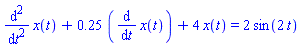 diff(x(t), `$`(t, 2))+.25*(diff(x(t), t))+4*x(t) = 2*sin(2*t)